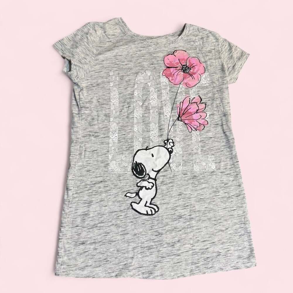Peanuts Snoopy Love Pink Flowers Heather Gray Graphic T-Shirt XL - Picture 2 of 8